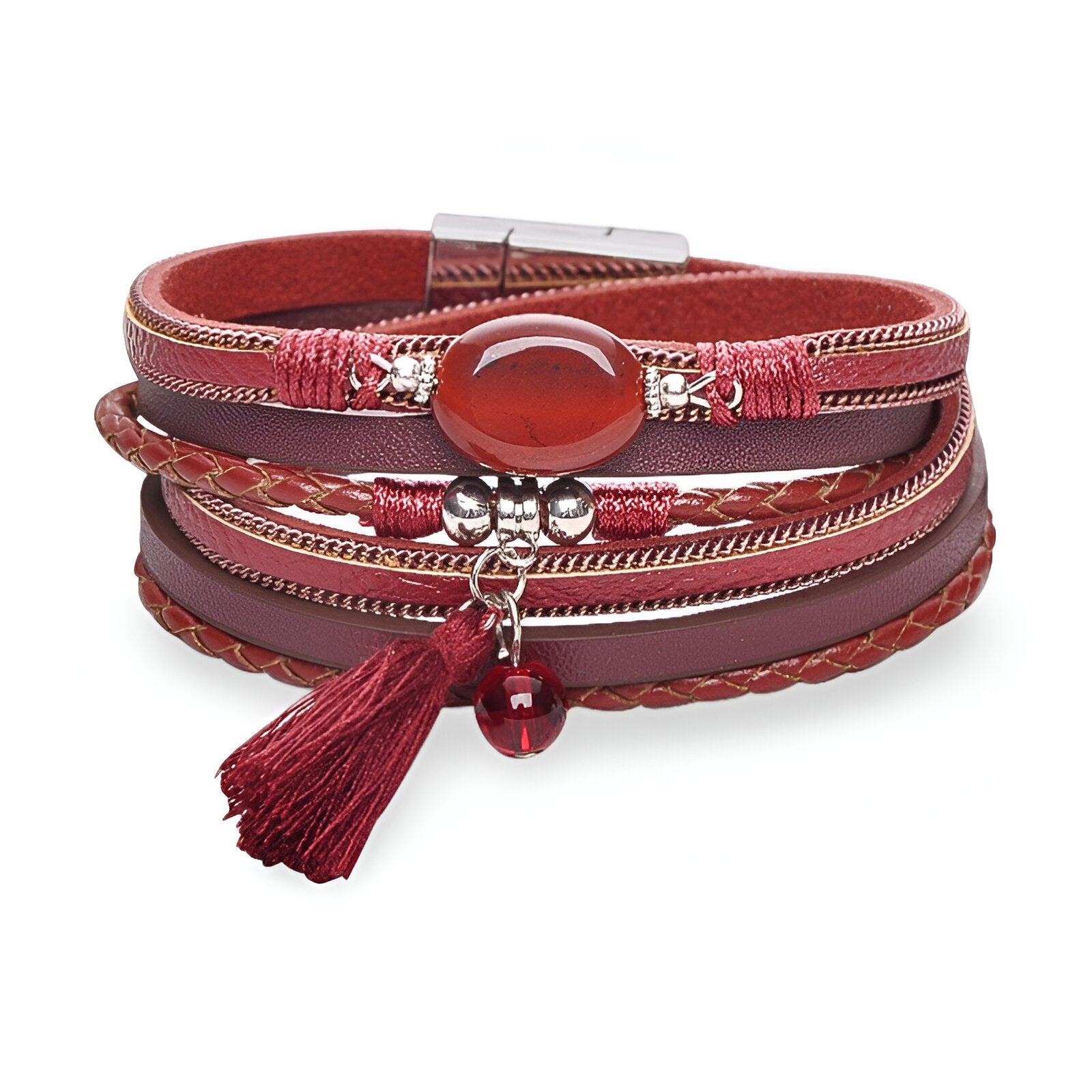 Bracelet multi-rangs rouge en cuir avec pierre d'agate centrale, pompon et perles argentées.