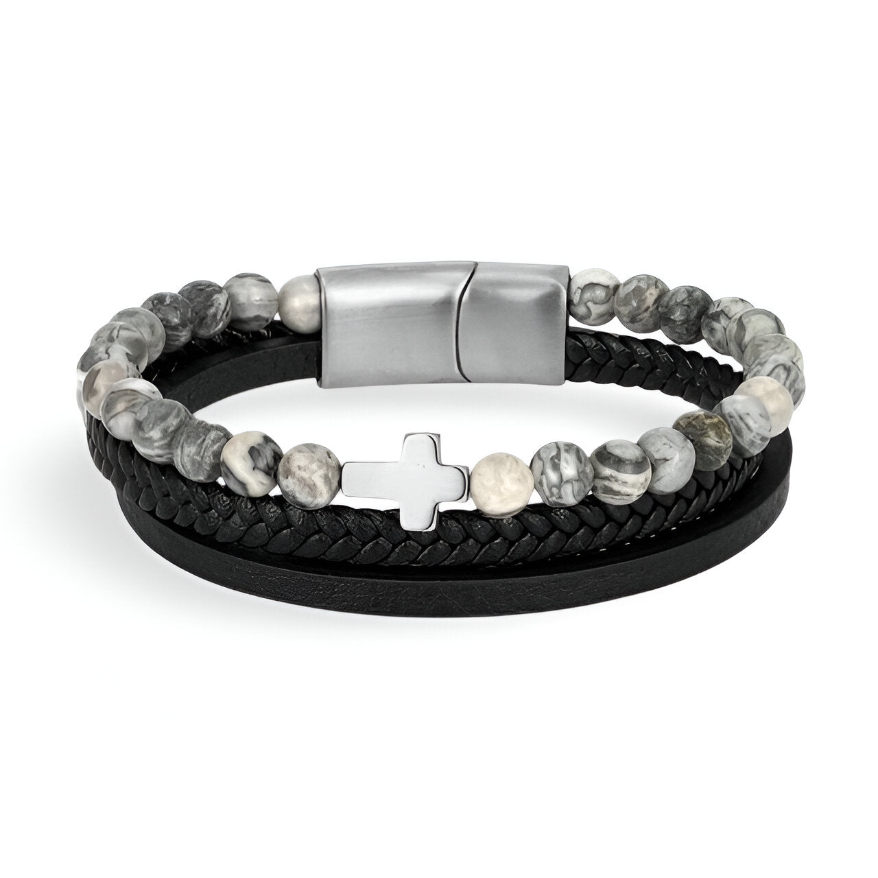 Bracelet multi-rangs homme en cuir noir et pierres naturelles grises avec croix argentée et fermoir magnétique acier.