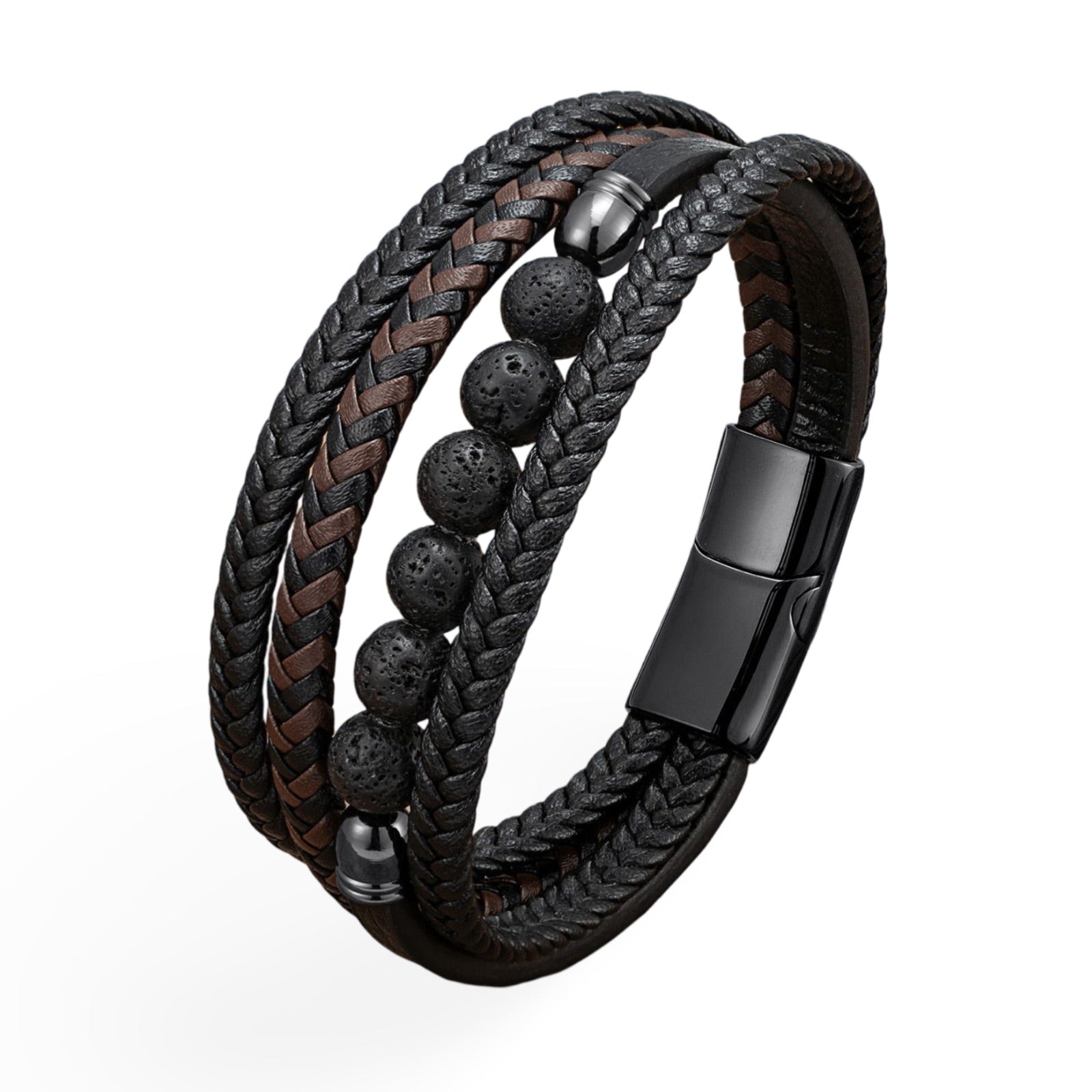 Bracelet multi-rangs homme en cuir marron tressé avec perles noires en pierre volcanique et fermoir noir mat.