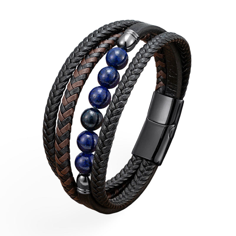 Bracelet multi-rangs homme en cuir noir tressé avec perles bleues lapis-lazuli et fermoir magnétique noir.