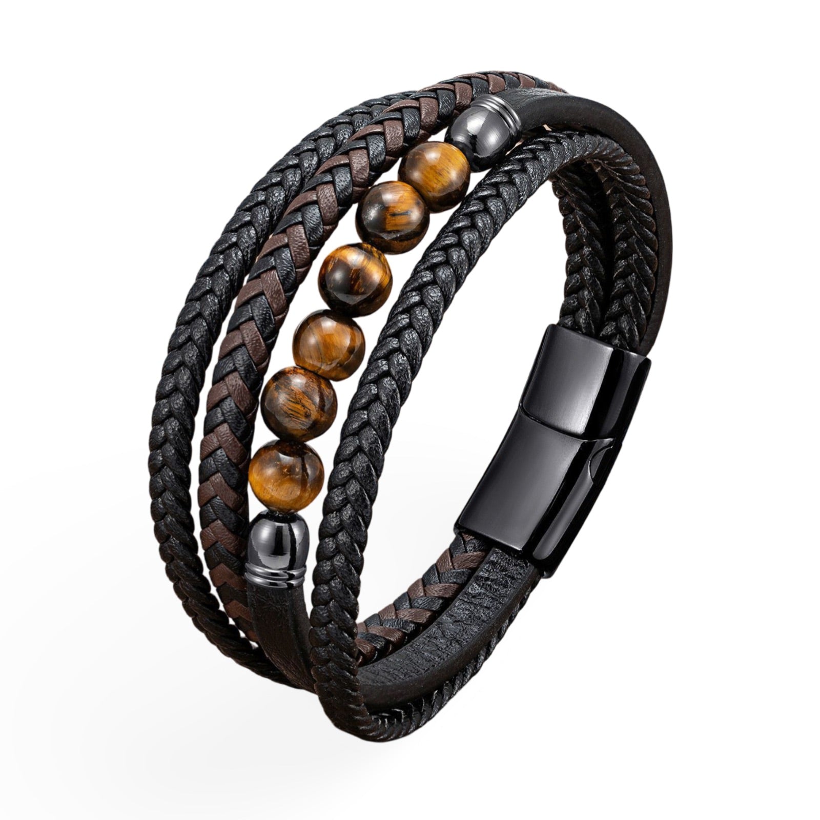 Bracelet multi-rangs homme en cuir tressé noir avec perles œil de tigre et fermoir magnétique noir mat.