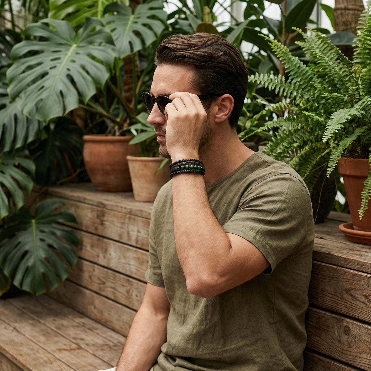 Geflochtenes Multi-Reihen-Armband mit Natursteinen, Magnetverschluss, für Herren, Modell Terro