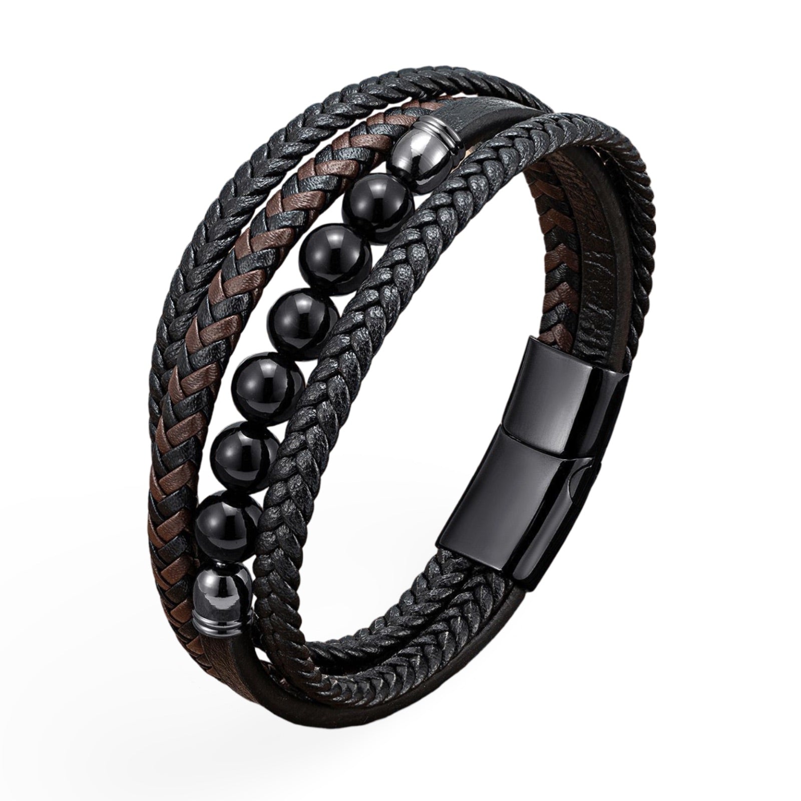 Bracelet multi-rangs homme en cuir tressé noir et marron avec perles noires brillantes et fermoir magnétique noir mat.