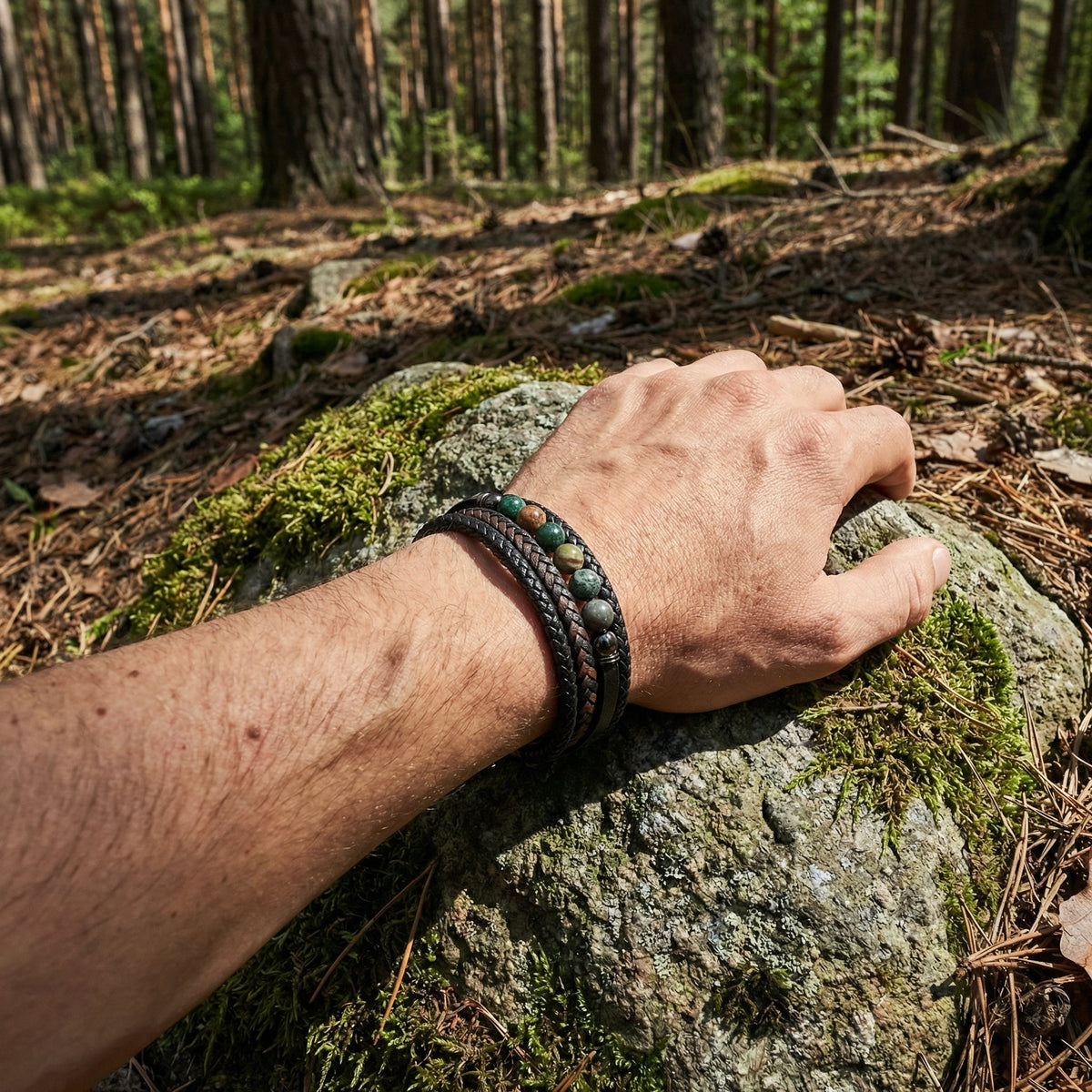 Geflochtenes Multi-Reihen-Armband mit Natursteinen, Magnetverschluss, für Herren, Modell Terro