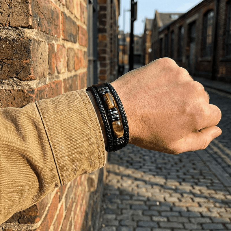 Bracciale multigiro da uomo con pietre occhio di tigre, modello Raven