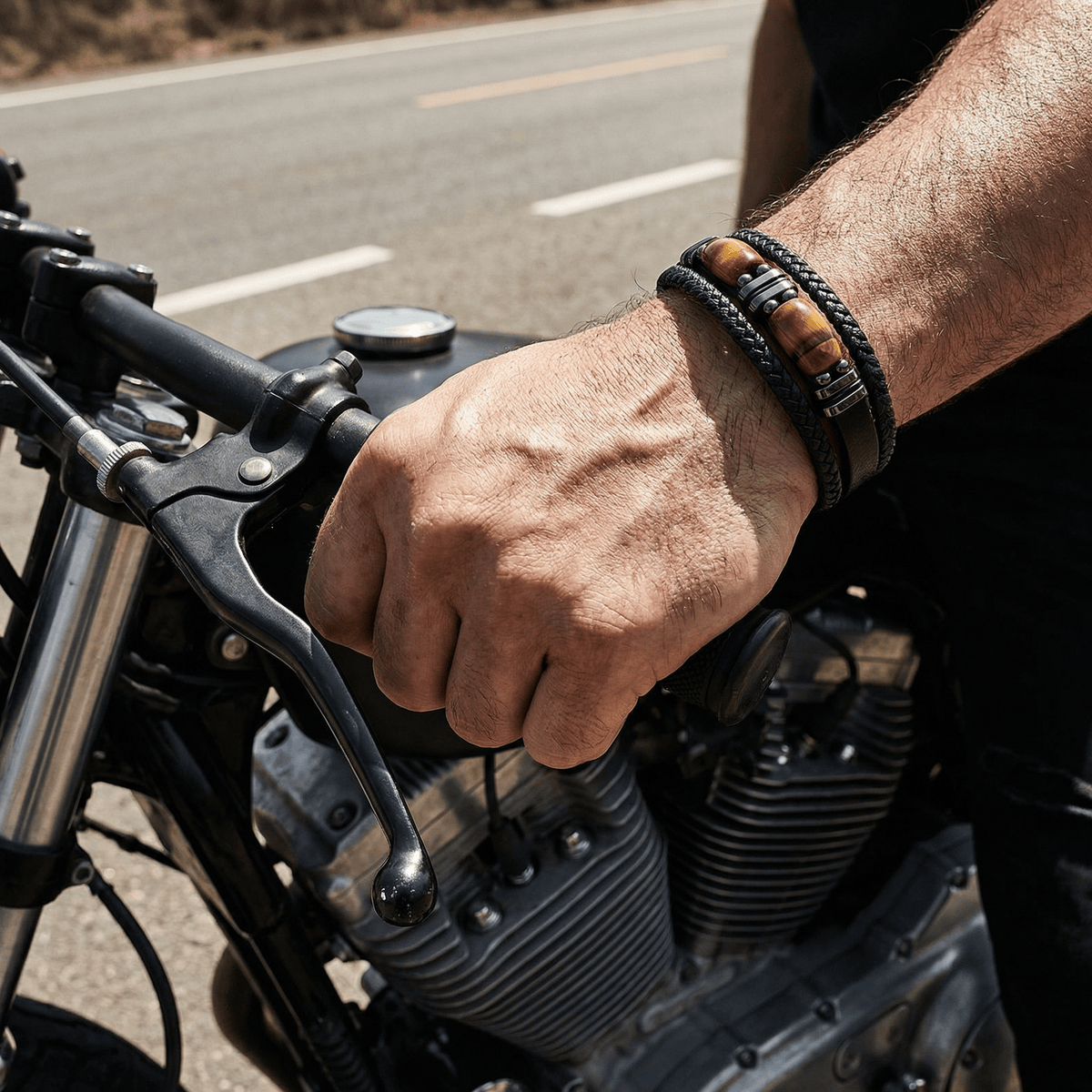 Mehrreihiges Armband aus natürlichem Tigerauge, magnetischer Edelstahlverschluss, für Herren, Modell Raven