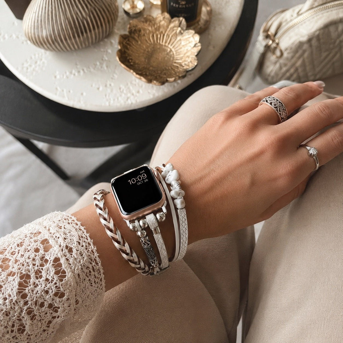 Bracelet multi-rangs pour montre connectée, ornements en pierres concassées, lanières tressées multi-rangs, maillons ajustables sans outil, modèle Treska