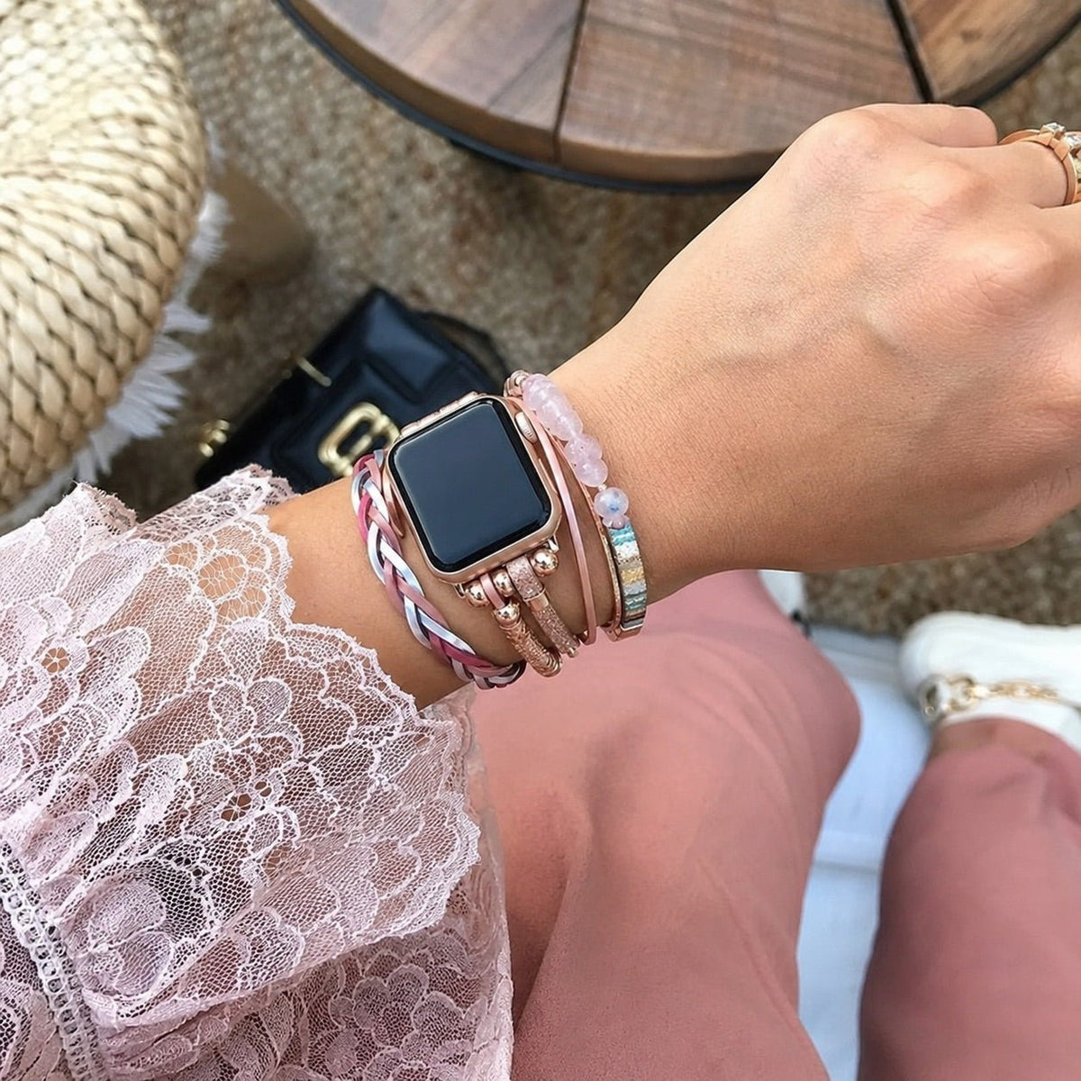 Bracelet multi-rangs pour montre connectée, ornements en pierres concassées, lanières tressées multi-rangs, maillons ajustables sans outil, modèle Treska