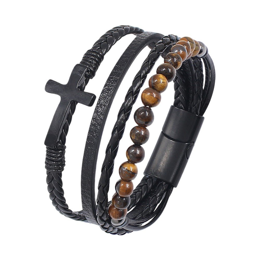 Men’s multi-wrap bracelet in black leather and natural tiger’s eye stone, masculine jewelry with stainless steel cross, Isorme model