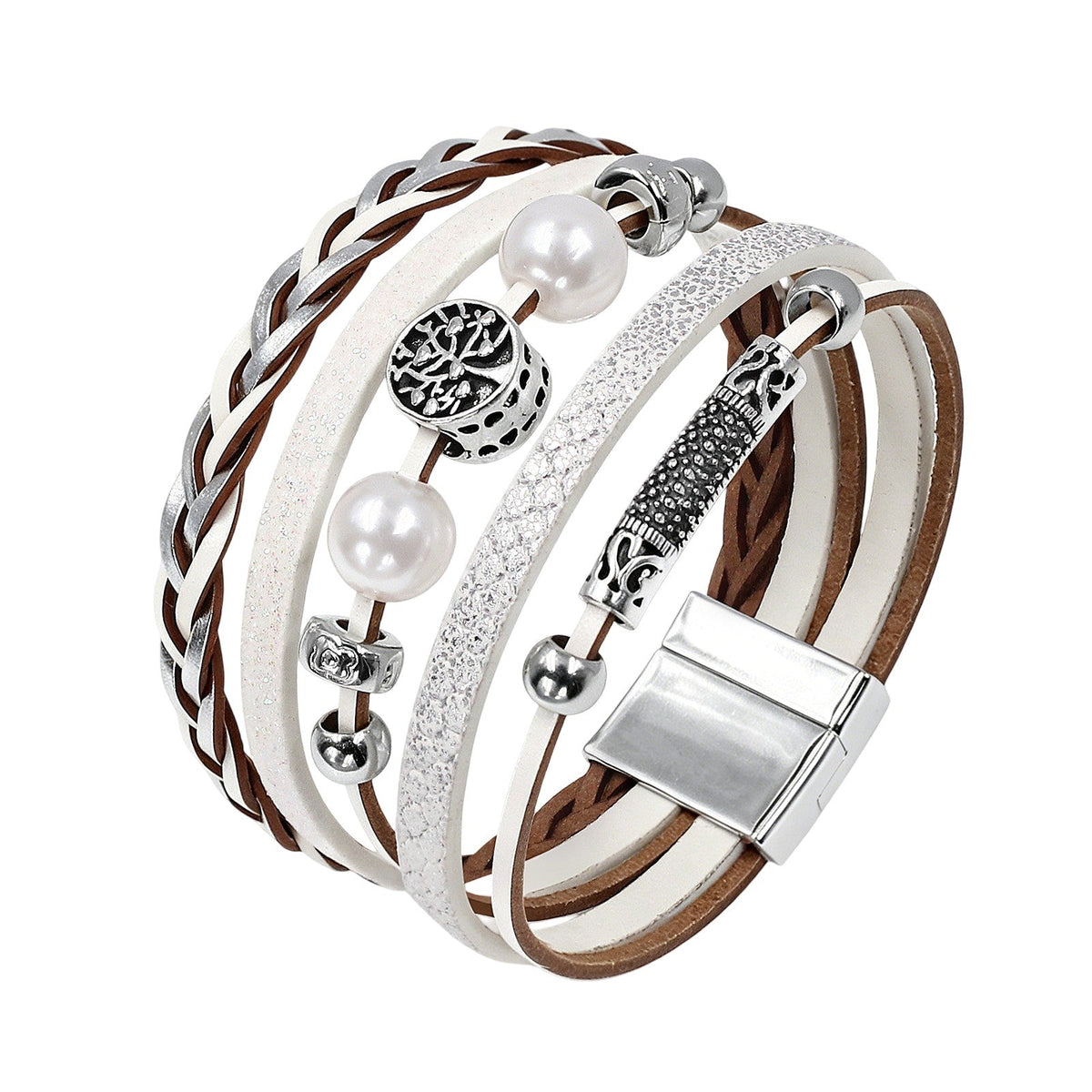 Women's multi-strand leather bracelet, adorned with a delicate tree of life, featuring a practical magnetic clasp, perfect for enhancing your wrist every day, Isia model