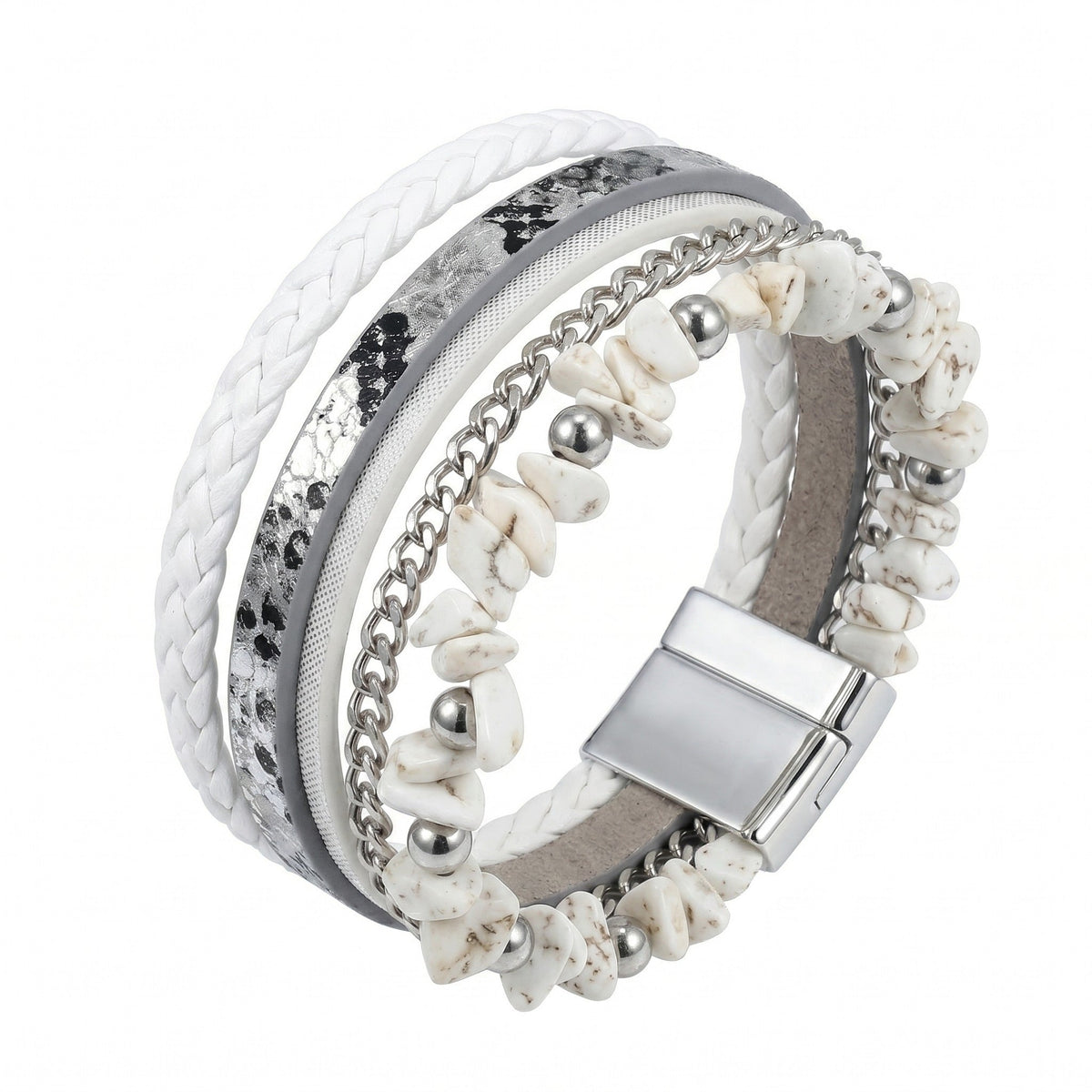 Bracciale multigiro da donna, pietre di turchese bianco, acciaio inox argentato, chiusura magnetica, modello Iggy