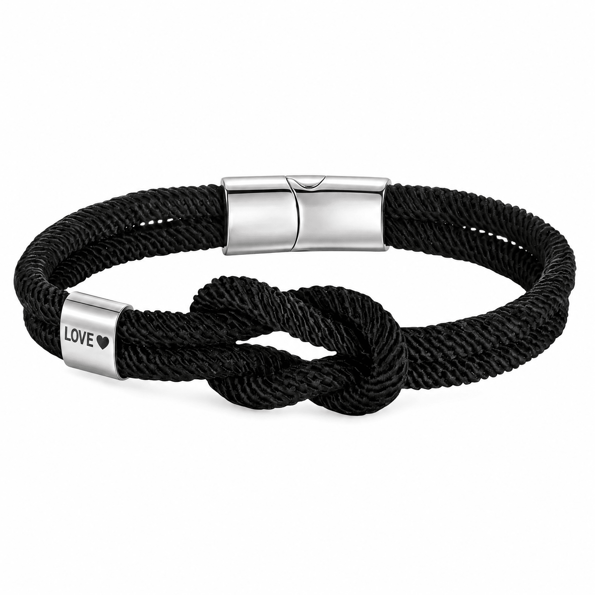 Bracelet Nono Noir et argent, embout métallique gravé LOVE ♥ près du nœud marin, posé de face sur fond blanc