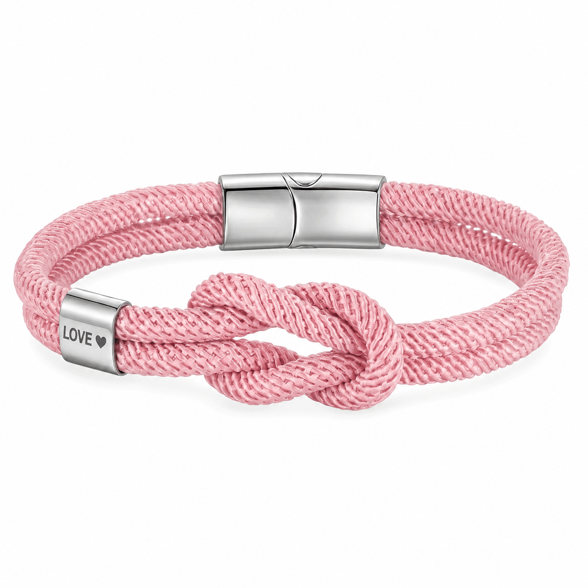 Bracelet Nono Rose et argent, embout métallique gravé LOVE ♥ près du nœud marin, posé de face sur fond blanc