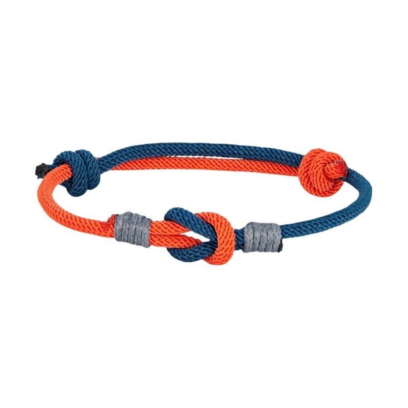 Bracelet nœud marin ajustable en nylon bleu marine et orange avec détails gris.