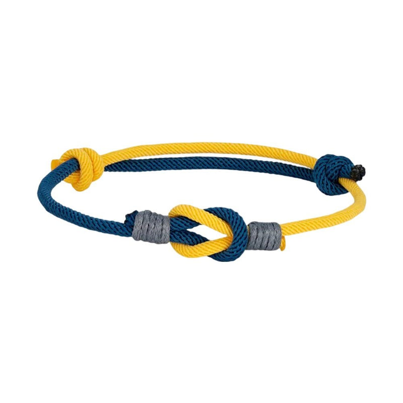 Bracelet nœud marin en nylon jaune et bleu marine avec ajustement coulissant gris.