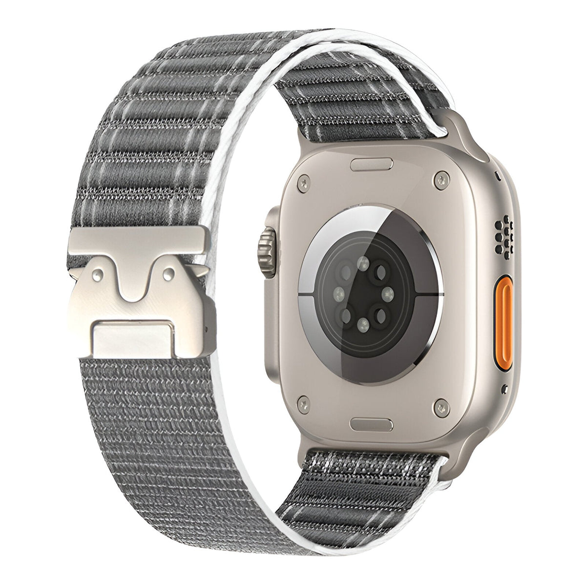 Bracelet nylon gris clair réglable avec boucle parachute argentée pour Apple Watch.