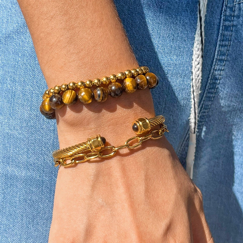 Pulsera ojo de tigre, piedra natural elástica y cristales, modelo Talena