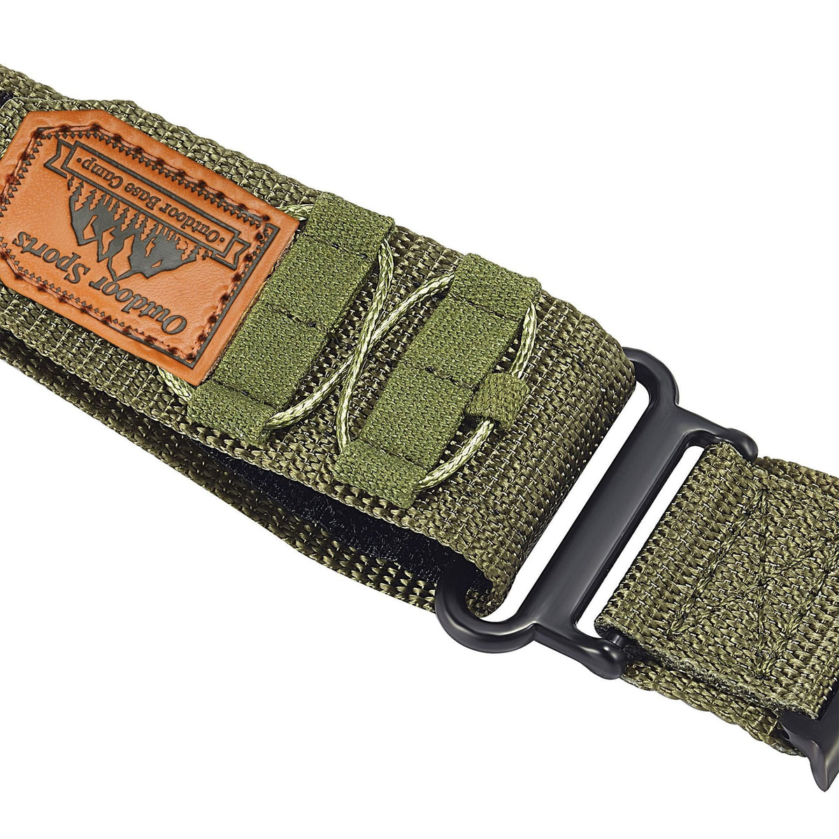 Bracelet en nylon kaki avec fermeture velcro réglable et patch cuir marron sportif.