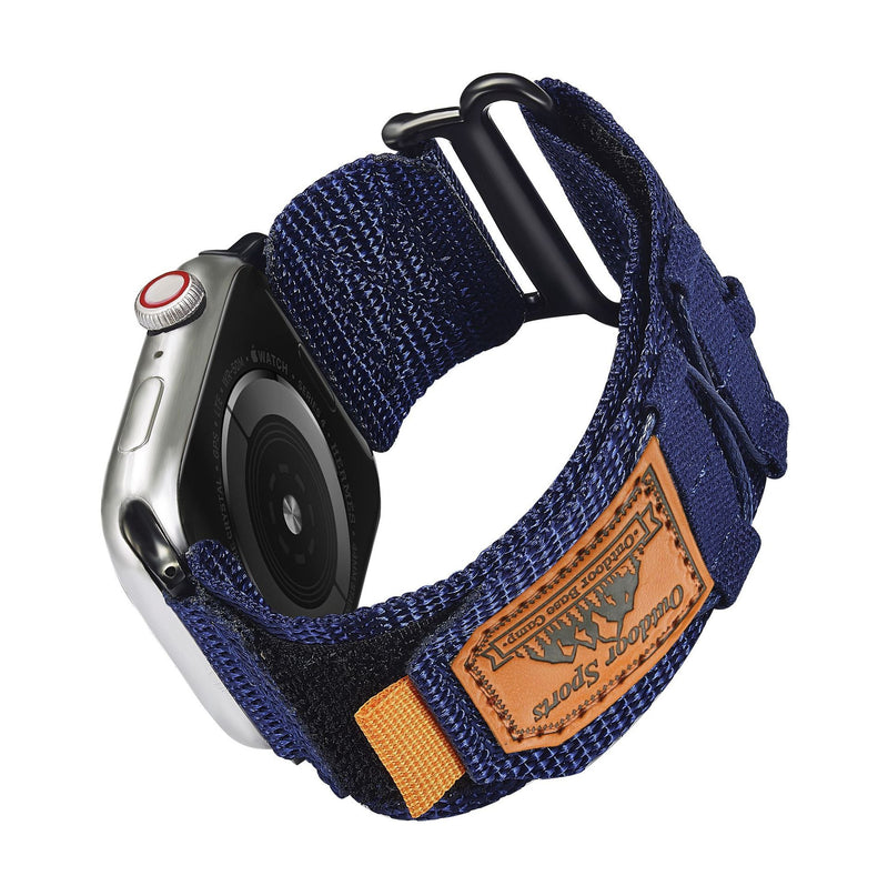Bracelet en nylon bleu marine avec fermeture velcro et patch en cuir pour Apple Watch.