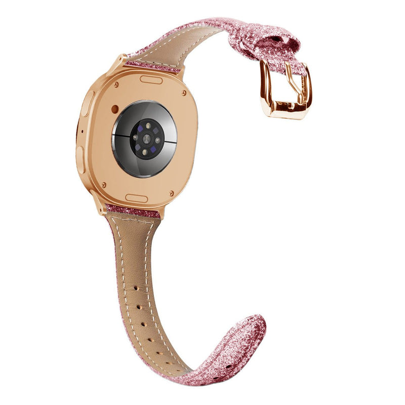 Bracelet pailleté rose en cuir souple avec boucle métal dorée pour Galaxy Watch 8, style féminin et élégant.