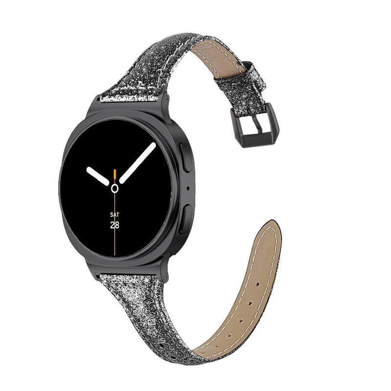 Bracelet pailleté noir en cuir souple avec boucle métallique pour Galaxy Watch 8, style élégant et scintillant.