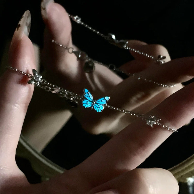 Bracelet + Luminous Butterfly Necklace, 925 Sterling Silver, Adjustable Fine Chain, Jewelry That Glows in the Dark, Captivating Nighttime Shine, Papirusa Model