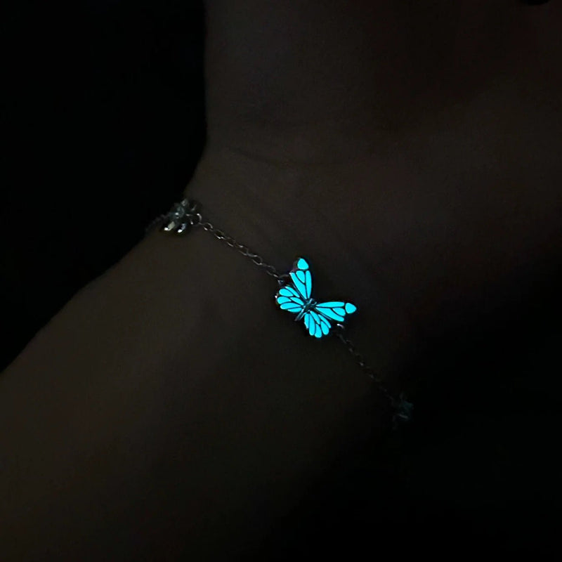 Bracelet + Luminous Butterfly Necklace, 925 Sterling Silver, Adjustable Fine Chain, Jewelry That Glows in the Dark, Captivating Nighttime Shine, Papirusa Model