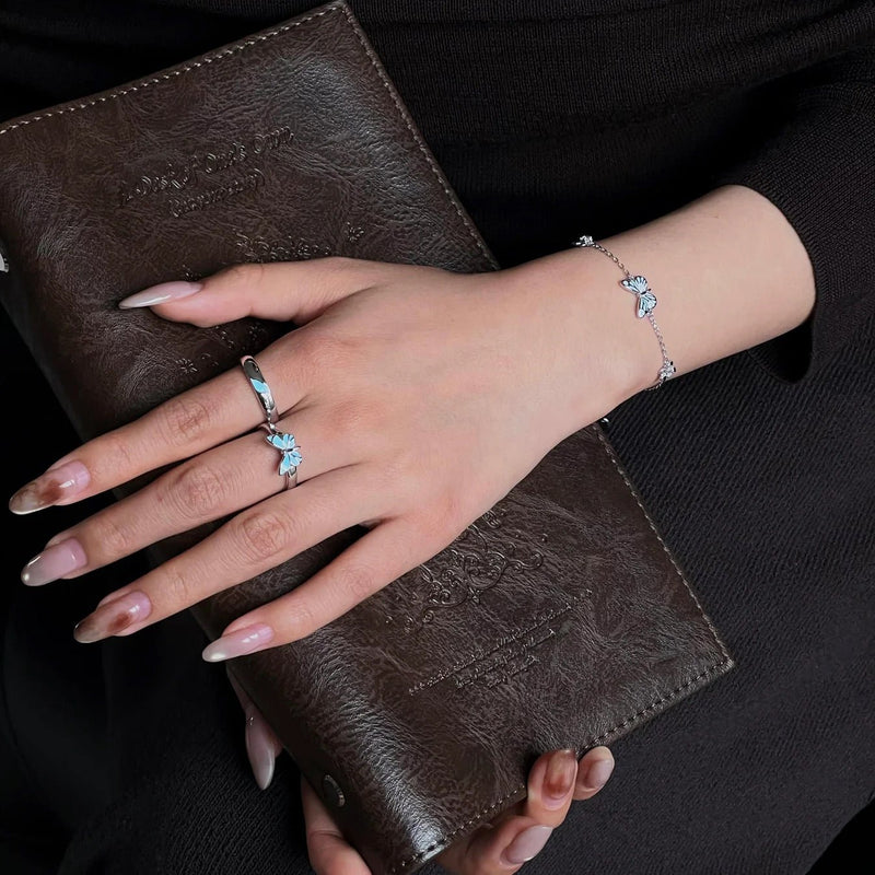 Bracelet + Luminous Butterfly Necklace, 925 Sterling Silver, Adjustable Fine Chain, Jewelry That Glows in the Dark, Captivating Nighttime Shine, Papirusa Model