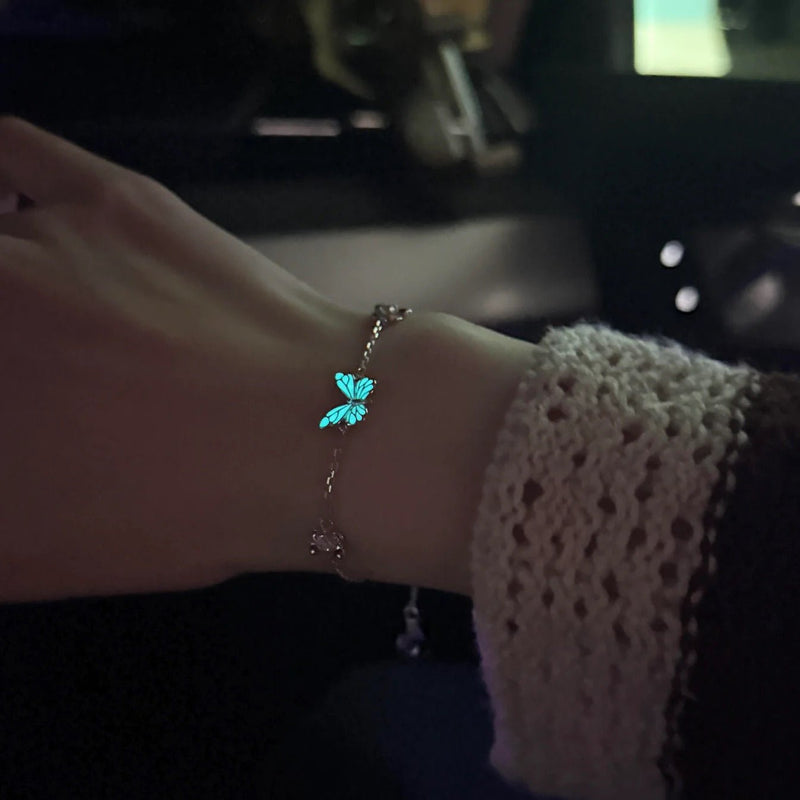 Bracelet + Luminous Butterfly Necklace, 925 Sterling Silver, Adjustable Fine Chain, Jewelry That Glows in the Dark, Captivating Nighttime Shine, Papirusa Model