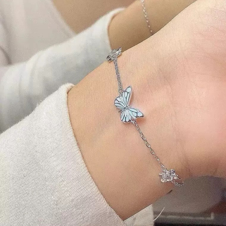 Bracelet + Luminous Butterfly Necklace, 925 Sterling Silver, Adjustable Fine Chain, Jewelry That Glows in the Dark, Captivating Nighttime Shine, Papirusa Model