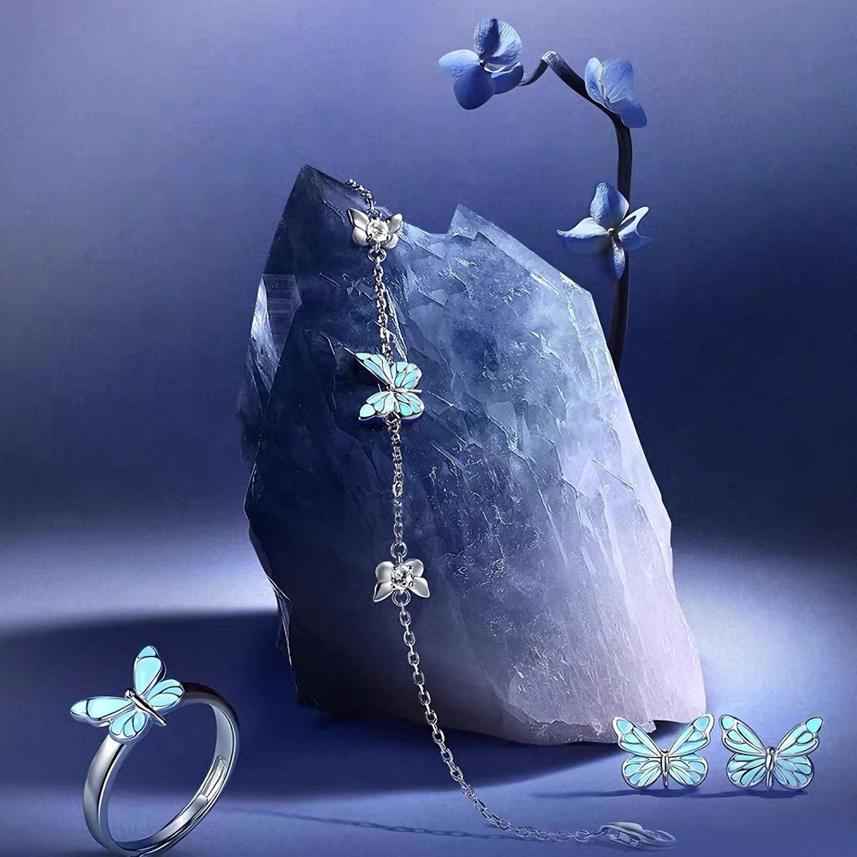 Bracelet + Luminous Butterfly Necklace, 925 Sterling Silver, Adjustable Fine Chain, Jewelry That Glows in the Dark, Captivating Nighttime Shine, Papirusa Model