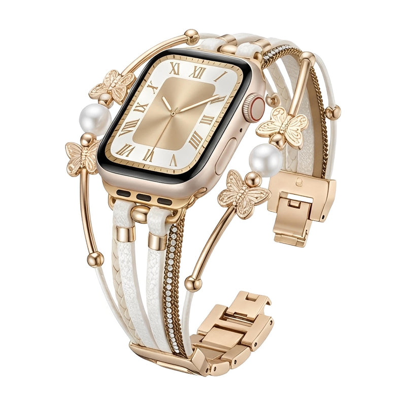 Bracelet papillon pour Apple Watch en multi-brins cuir blanc et perles nacrées avec fermoir métallique doré et détails.