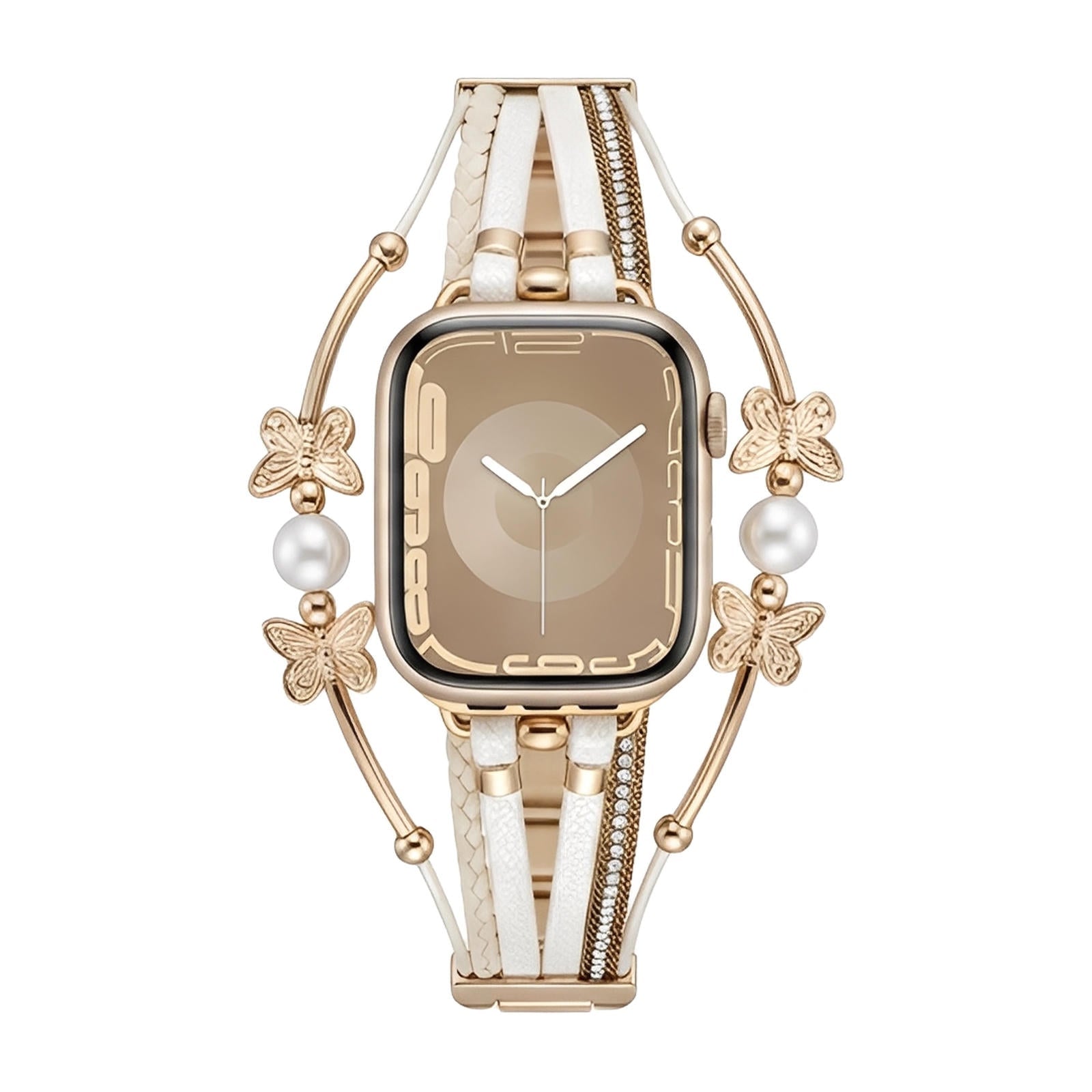 Bracelet pour Apple Watch en cuir blanc multi-brins avec perles nacrées et papillons métalliques dorés élégant fermoir chic.