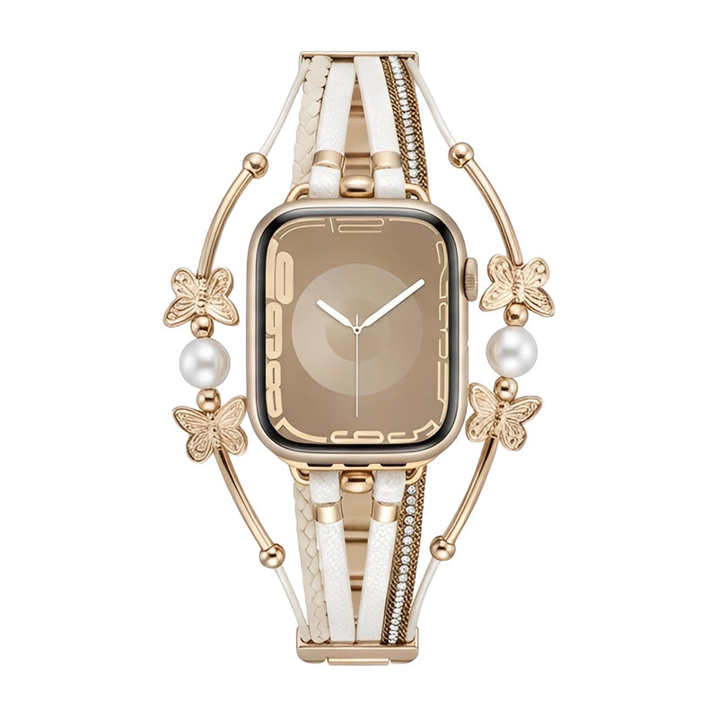 Bracelet pour Apple Watch en cuir blanc multi-brins avec perles nacrées et papillons métalliques dorés élégant fermoir chic.