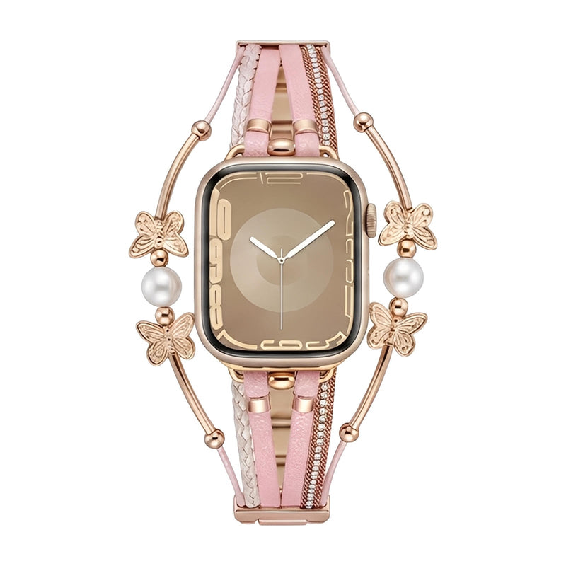 Bracelet Apple Watch rose multi-brins en cuir avec perles blanches et papillons métalliques dorés, fermoir élégant.