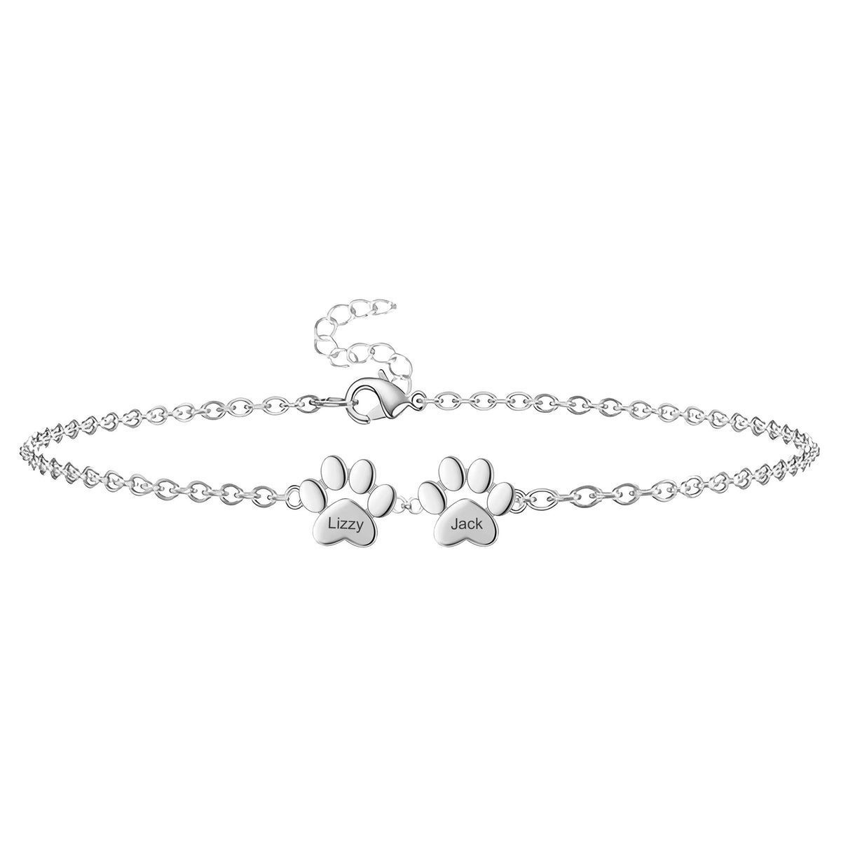 Bracelet chaîne en acier inoxydable argenté avec deux breloques en forme de pattes fines et lisses.