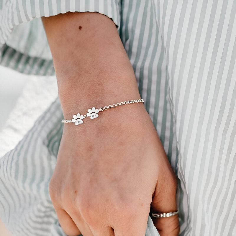 Bracelet en acier inoxydable argenté avec deux pendentifs pattes fines sur chaîne délicate.