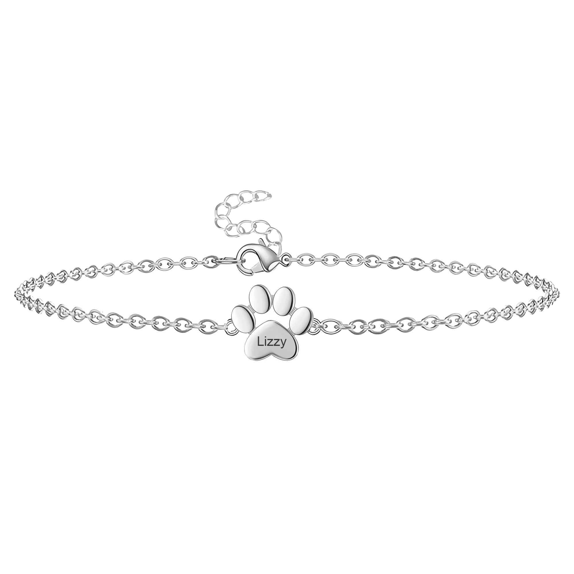 Bracelet fin en acier inoxydable argenté avec pendentif patte animal gravée "Lizzy" et chaîne ajustable.