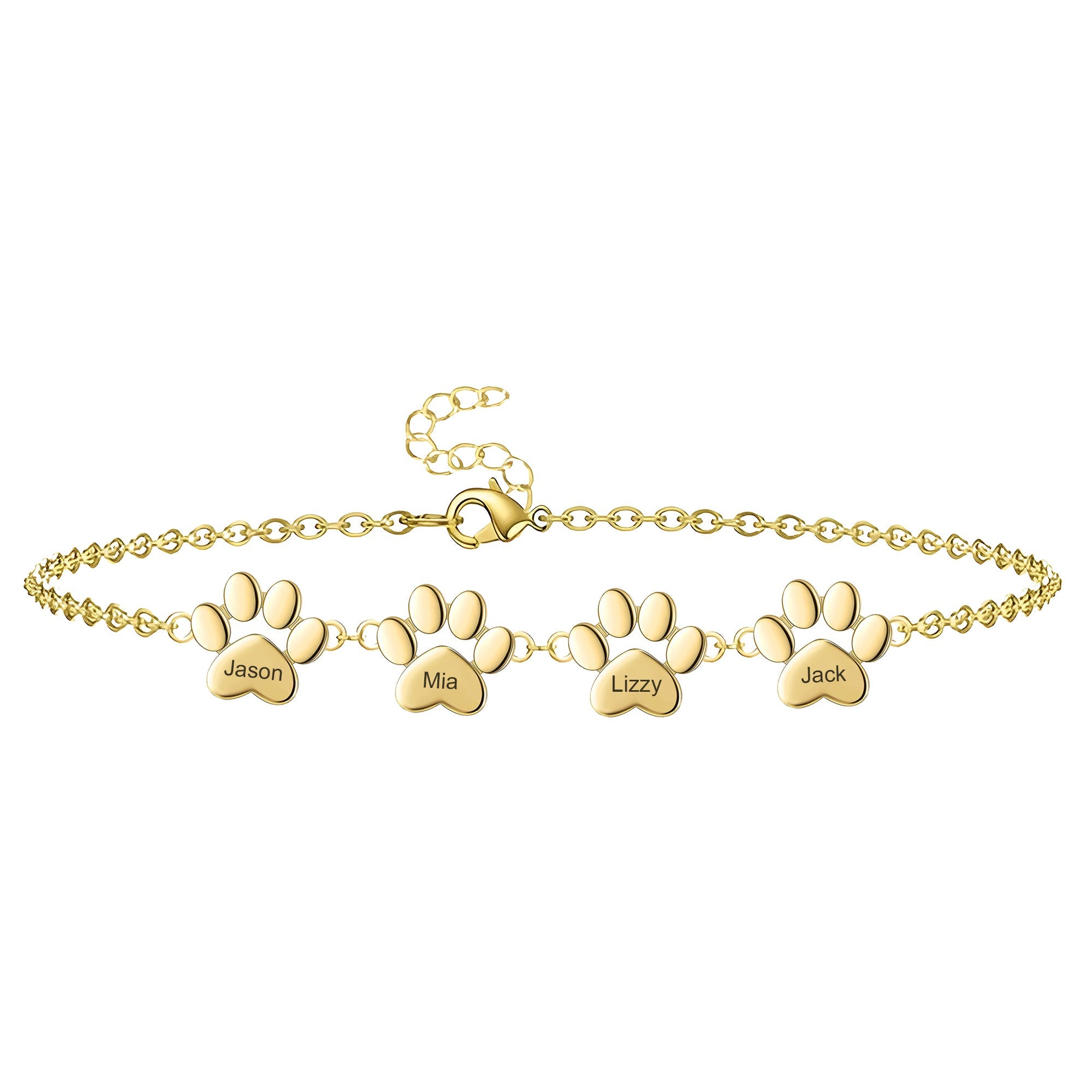Bracelet or fin avec quatre pendentifs pattes personnalisés gravés de noms, chaîne à maillons réglable.
