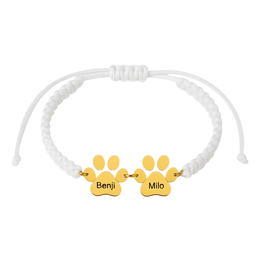 Bracelet en nylon blanc tressé avec pendentif patte en acier doré gravé "Benji" et "Milo".