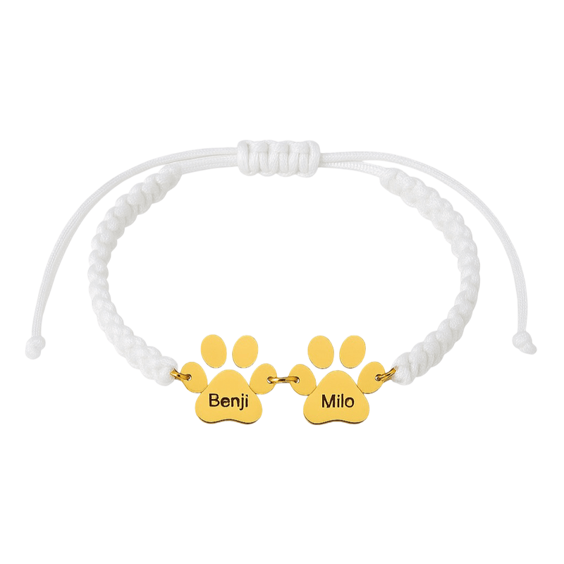 Bracelet en nylon blanc tressé avec pendentif patte en acier doré gravé "Benji" et "Milo".