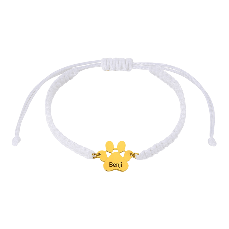 Bracelet en nylon blanc tressé avec pendentif patte en acier inoxydable doré gravé "Benji".