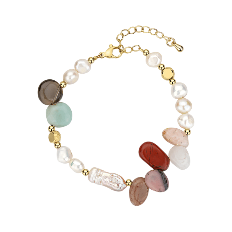 Bracelet délicat avec perles baroques blanches, pierres naturelles multicolores, fermoir doré ajustable.