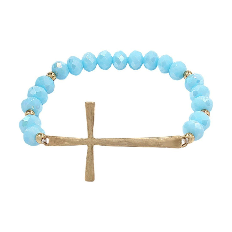 Bracelet perles cristal facettées, croix dorée centrale, bijou religieux élégant et lumineux, modèle Faith