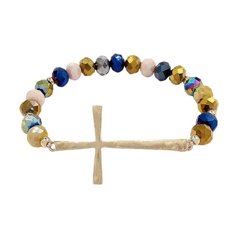 Bracelet perles cristal facettées, croix dorée centrale, bijou religieux élégant et lumineux, modèle Faith