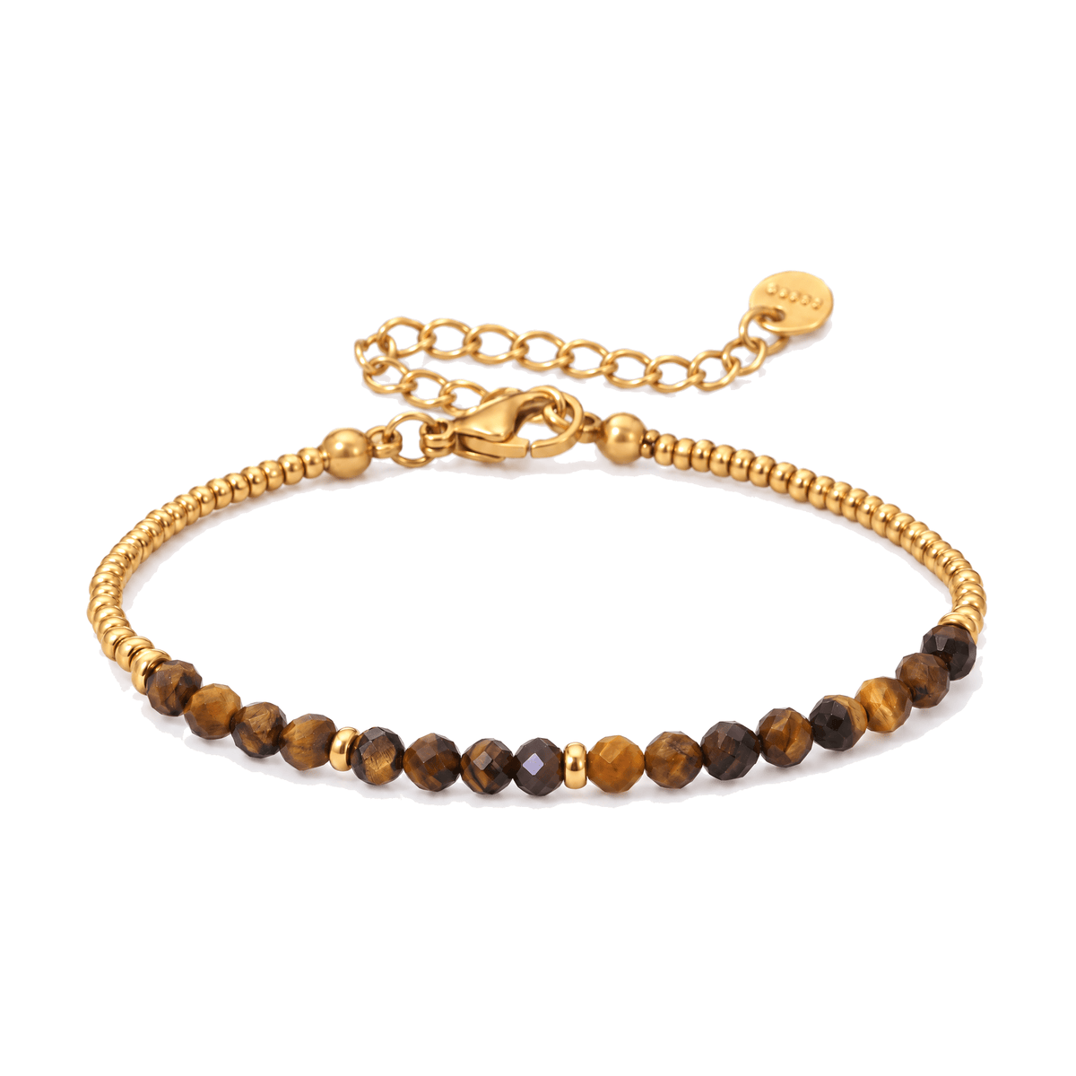 Packshot studio bracelet Dison Oeil de tigre, vue frontale basse posée sur table, fond blanc pur — 9 octobre 2026