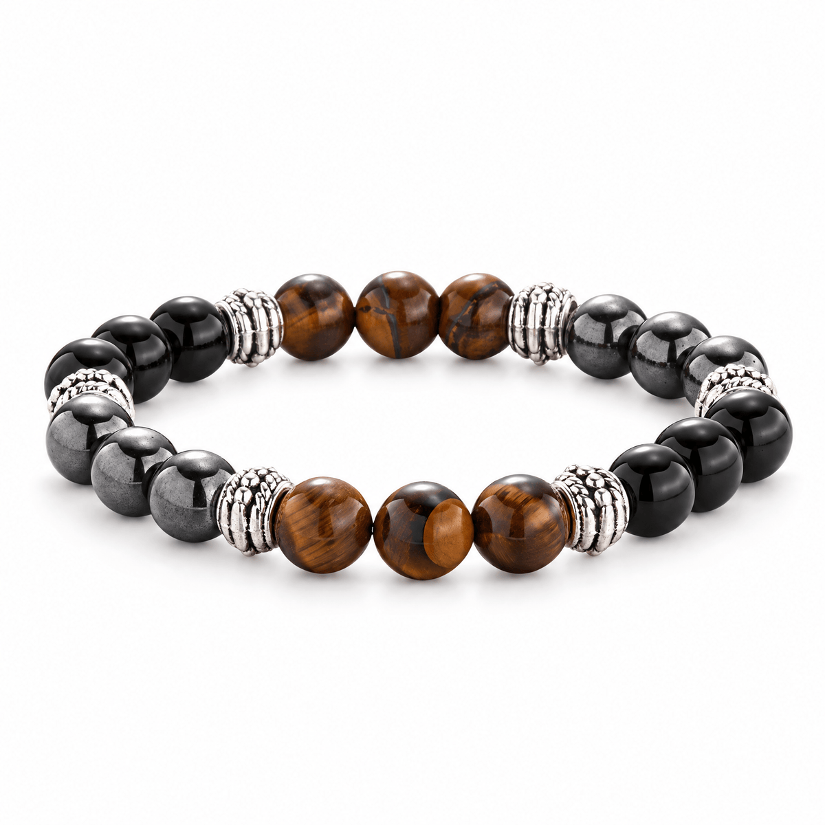 Packshot studio bracelet Fadicio Oeil de tigre et onyx, vue de face sur fond blanc.