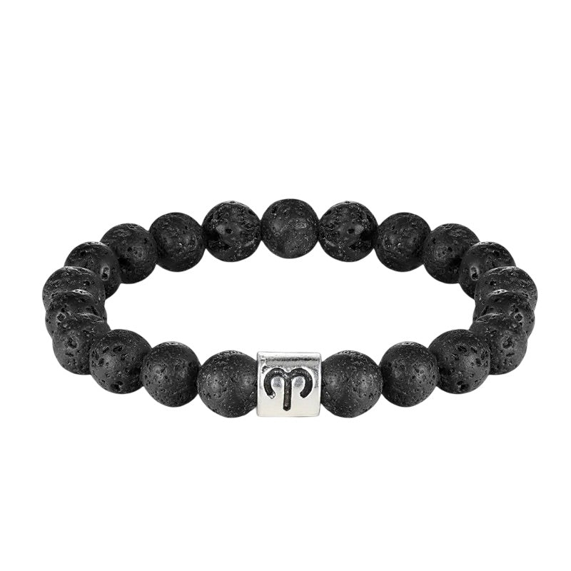 Bracelet élastique perles pierre de lave noire avec symbole astrologique du Bélier en argent.