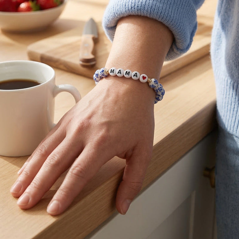 Blue and white porcelain bead bracelet, MAMA bracelet with heart, symbolic jewelry for mothers, letter bead bracelet celebrating maternal love, Ourlane model