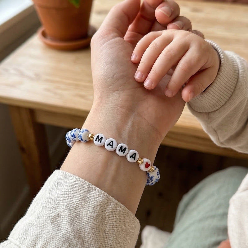 Blue and white porcelain bead bracelet, MAMA bracelet with heart, symbolic jewelry for mothers, letter bead bracelet celebrating maternal love, Ourlane model